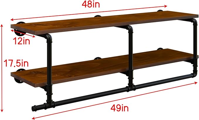 Wall Mounted Clothes Rack 12 Inch Deep, 48 Inch Heavy Duty Garment Rack with Real Walnut Wood Shelf, Multi-Purpose Hanging Rod & Space-Saving Closet Storage Organizer