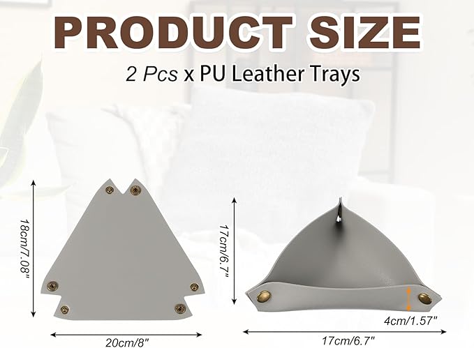 uxcell 2 Pcs Valet Tray for Women and Men, PU Leather Jewelry Tray Entryway Table Bedside Nightstand Catchall Storage Organizer for Jewelry Key Coin Watch Wallet (Triangle, Light Gray)