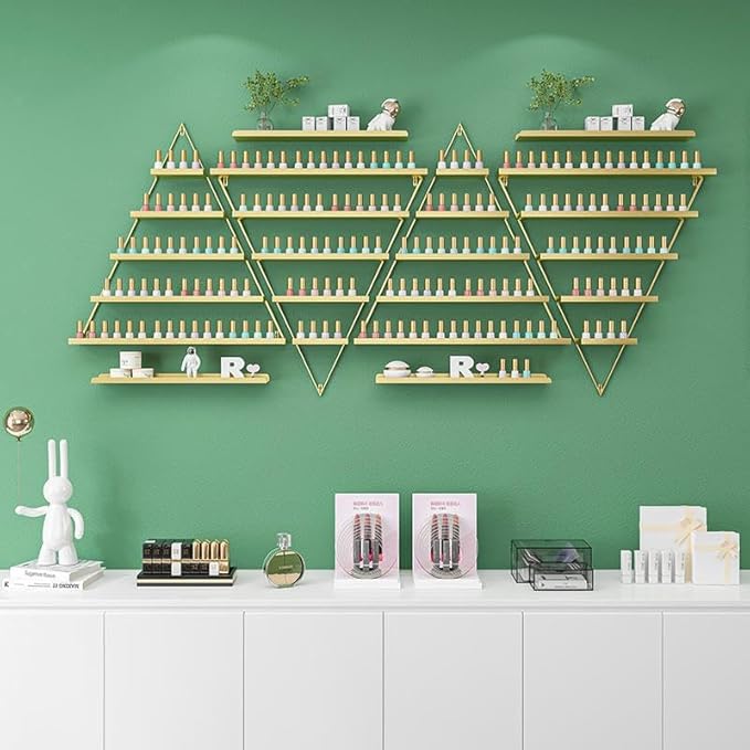 Wall Mounted Shelf Nail Polish Bottle Display Rack, Triangular Essential Oil Perfume Storage Rack, Multifunctional Hanging Salon/Beauty/Nail Shop Organizer Perfume Holder(Size:8,Color:Gold)