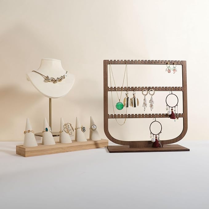 GemeShou wooden hanging jewelry organizer, walnut jewelry display holder for selling, dangle necklace storage shelf, 3 tier earring display stands for selling【Jewelry shelf-3 tier】
