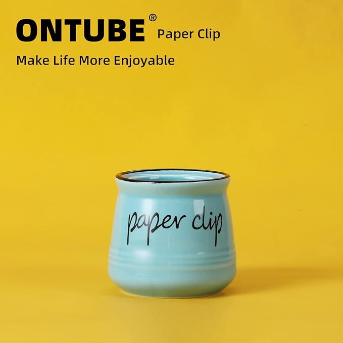 ONTUBE Farmhouse Paper Clip Holders,Ceramic Binder Clip Dispenser Organizer for Desk ,Cute Office Push Pins Holder,12 oz (Turquoise)