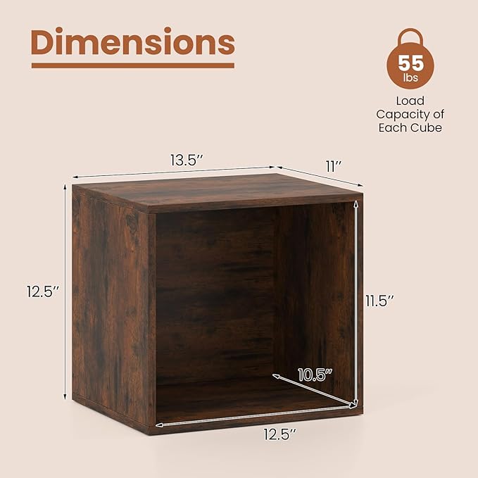Giantex 4-Cube Bookcase, Stackable Cube Storage Organizer w/Open Bookshelf, Wooden Display Shelving Unit for Small Space, DIY Modular Cubby Storage System for Home, Study, Rustic Brown