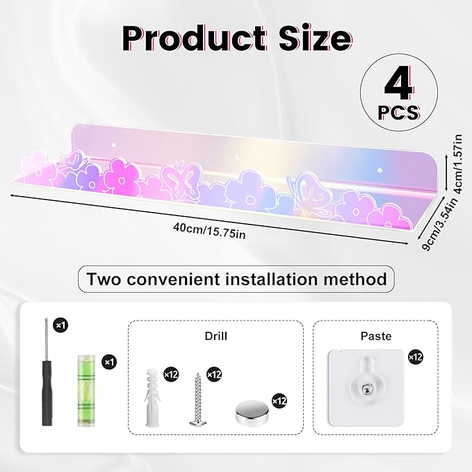 Floating Shelves for Wall,4 Pack 15.7’’x 3.5’’Adhesive Acrylic Shelves Organizer for Book Toy Photo Makeup,Wall-Mounted Kids Storage for Bathroom,Bedroom,Nursery,Iridescent Butterfly