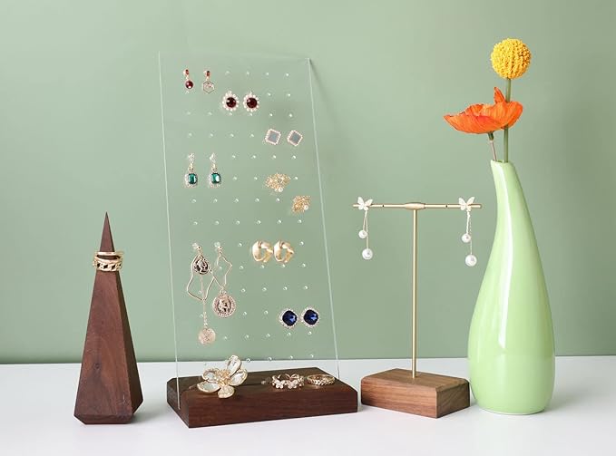 GemeShou walnut earring display for selling jewelry, wooden earring holder for studs display, small jewelry studs display board for show【Wood stand with acrylic board-Walnut】