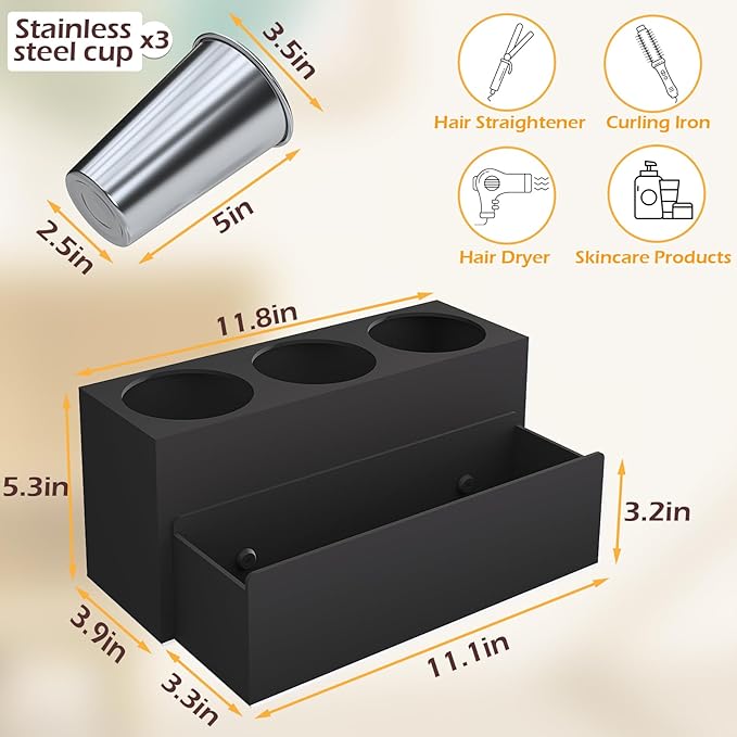 Hair Tool Organizer, Detachable Acrylic Hair Dryer Holder for Bathroom, Hair Styling Accessories Curling Iron Hot Tools Organizer with 3 Cups, Countertop Vanity Storage (Matte Black)