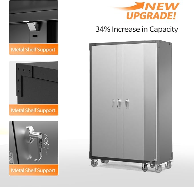 VINGLI Upgraded Wide & Deep Garage Storage Cabinet, Metal Storage Cabinet with Pegboards, Wheels, Locking Doors and Adjustable Shelves (Black & Silver, 43''W x 20''D x 72''H)