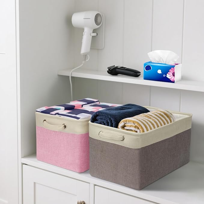 BALEINE 3 Pack Fabric Storage Bins for Shelves, Linen Storage Baskets for Organizing, Decorative Closet Bins for Clothes, Home (Skyblue, 15''x11''x9.5'')