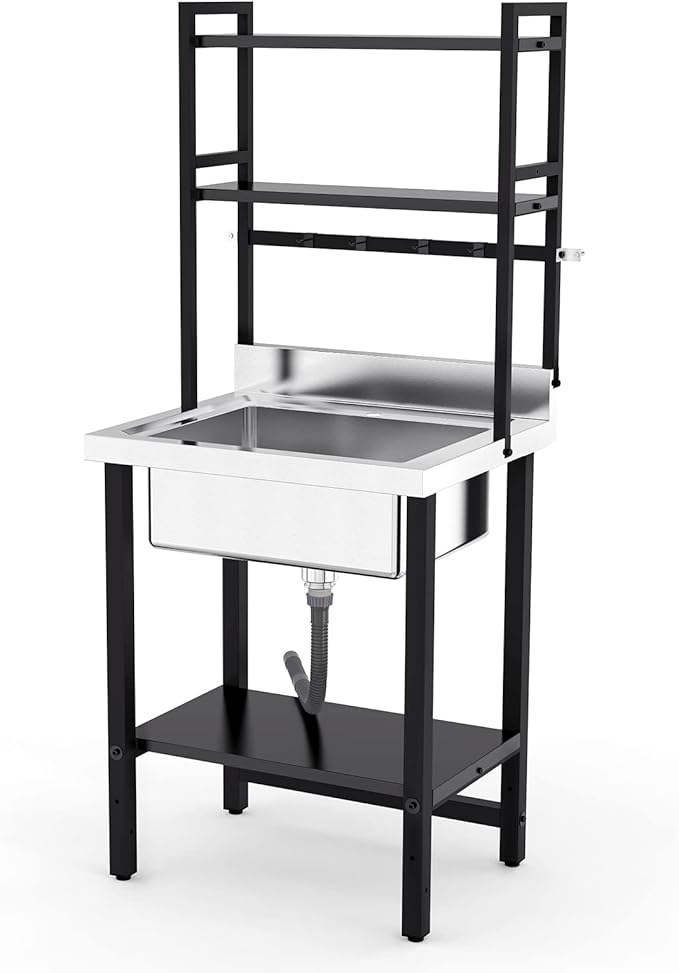 VINGLI 67"H Commercial Sink 304 Stainless Steel Sink with Adjustable Shelves and Hanging Rod with Hooks, Freestanding Utility Sink for Restaurant Kitchen Laundry Room Garage, Bowl Size 21"Wx16"Dx9"H