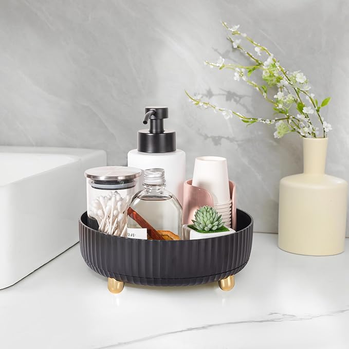 Makeup Perfume Organizer Tray 360 Degree Rotating Lazy Susan Skincare Lotion Organizer Spinning Cosmetics Storage for Dresser, Vanity, Bathroom Countertop, Small Black