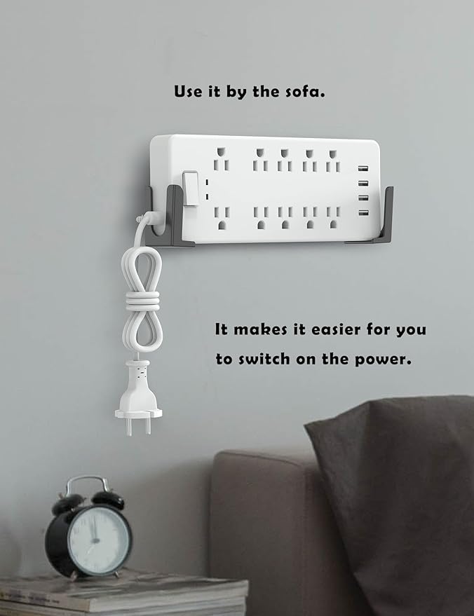Power Strip Wall Mount Holder, Under Desk Power Strip Holder, Punch Free Socket Holder, Adhesive and Screw Two Mounting Options 2 Set (Black)