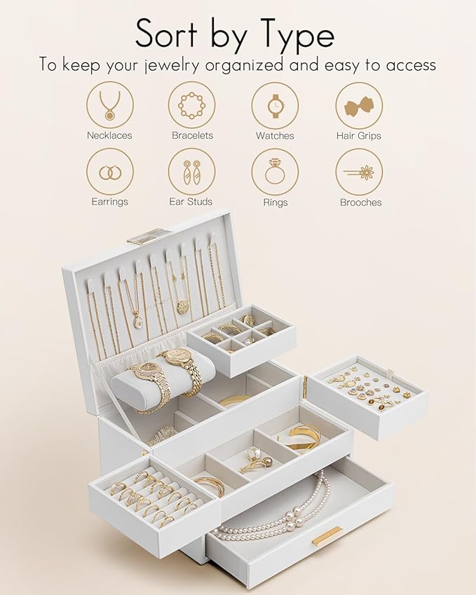 Vlando 3 Layer Jewelry Box - Women Jewelry Box with Retractable Tray - Jewelry Organizers with Drawer for Necklaces, Rings, Bracelets, Earrings, Gift for Couples Mom Girls - White