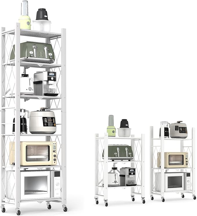 6-Tier Foldable Storage Shelves with Wheels, Folding Metal Shelf Unit, Folding Bookshelf no Assembly, Collapsible Shelves for Craft Shows for Kitchen, Bedroom, Living Room, White