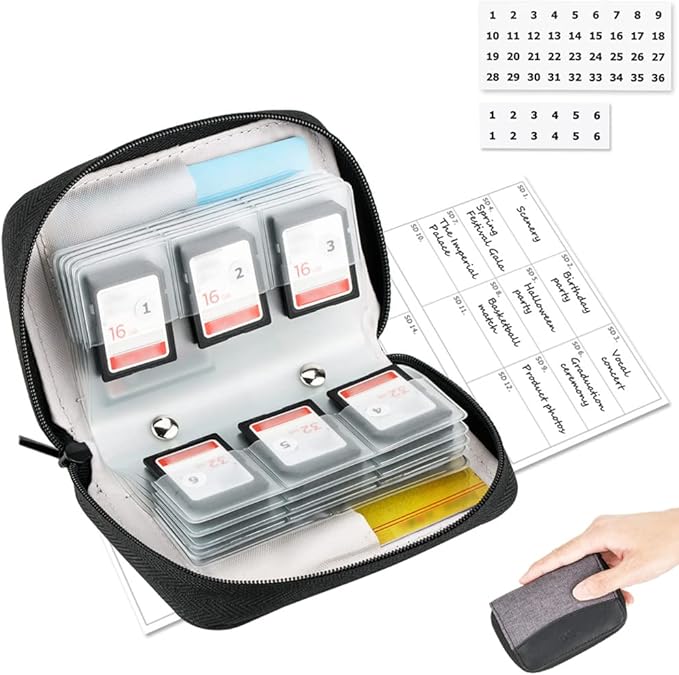 AWS Memory Card Case Holder: 28 Slots for 24 SD SDXC SDHC + 4 CF XQD - Portable Organizer with Labels - Grey