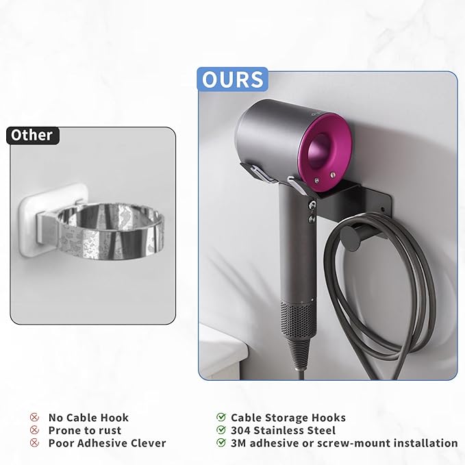 Hair Dryer Holder Stainless Steel, Blow Dryer Holder Self Adhesive, Dyson Hair Dryer Holder Wall Mounted Compatible with Dyson, Hairdryer Holder for Bathroom Black PTALSEAW