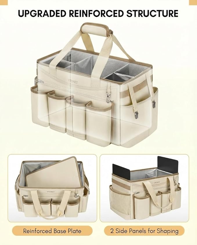 Ytonet Cleaning Caddy Bag with Detachable Apron, Extra Large Cleaning Supplies Organizer with Foldable Dividers, Portable Cleaner Tote with Handle, Cleaner Caddy for Kitchen, Detailing Bag, Apricot