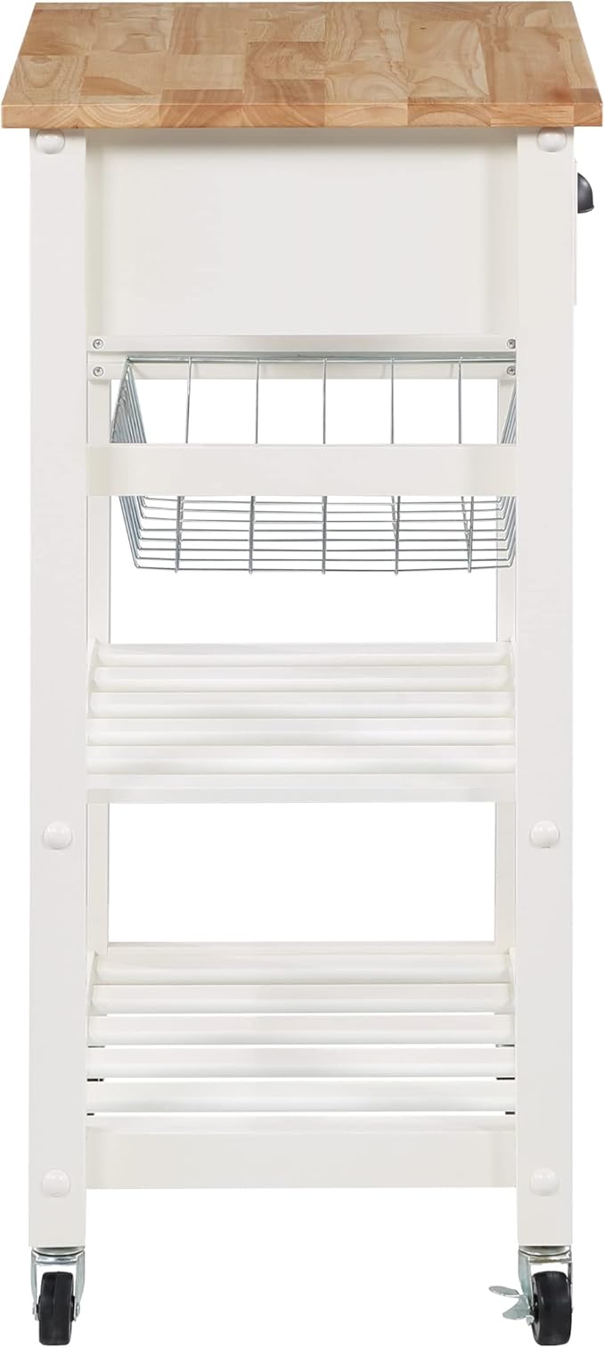 OSP Home Furnishings Hampton Kitchen Cart with Wood Top, Utensil Drawer, Under Cabinet Basket, and 2 Slatted Shelves, White Base