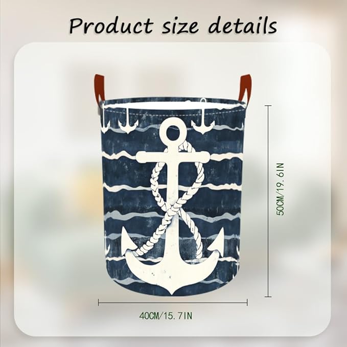 Laundry Baskets 15.7x19.7 Inch Large Nautical Anchor Design Collapsible Laundry Hamper with Handles Oxford Fabric Clothes Storage Bin Foldable Dirty Clothes Organizer for Bedroom Bathroom Dorm