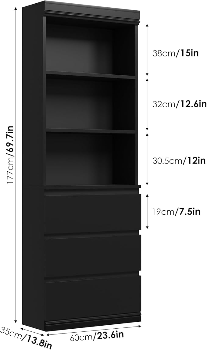 GarveeHome 70" Tall Bookcase with Drawers, Bookshelf w/ 3 Tier Open Shelves & 3 Storage Drawers, Modern Deep Storage Book Shelf Storage Cabinet Organizer for Living Room Office Library (Black-Q)