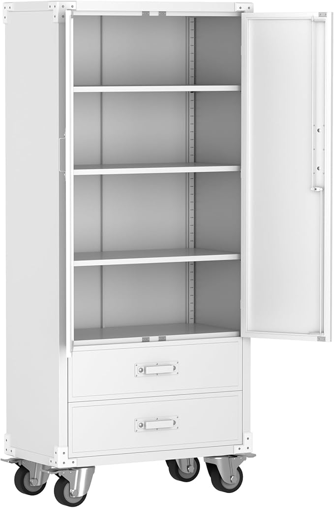 Metal Storage Cabinet with 2 Drawers, Garage Tool Cabinet on Wheels for Home Office,Assembly Required,White