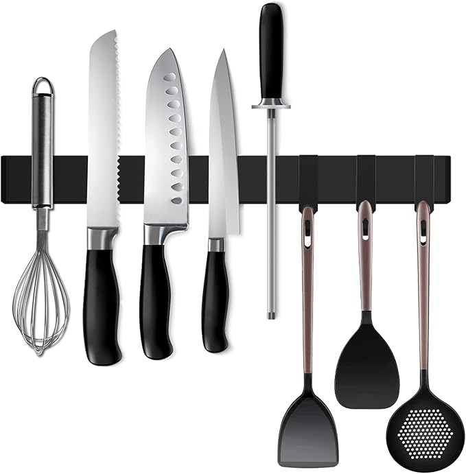 Black Magnetic Knife Strip for Refrigerator - Larger 17 inch Double Sided Stainless Steel Magnetic Kitchen Knife Holder with hooks for Wall/fridge - Strong Knife Strip Magnet/Knife Rack/Knife Bar
