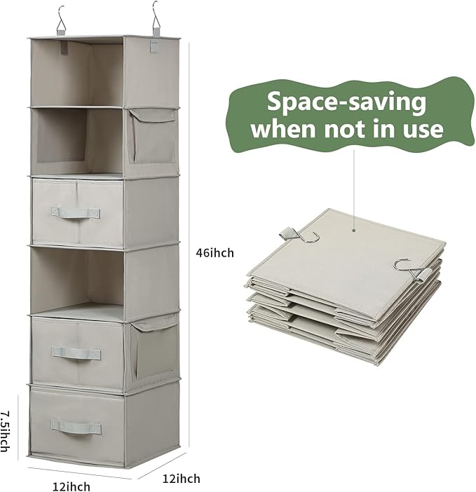 6-Shelf Hanging Closet Organizer with 3 Drawers, 6-Shelf Inseparable Closet Organizers and Storage for Wardrobe Organization, Hanging Dresser for Nursury & Dorm Clothes Organizer, Silver Gray