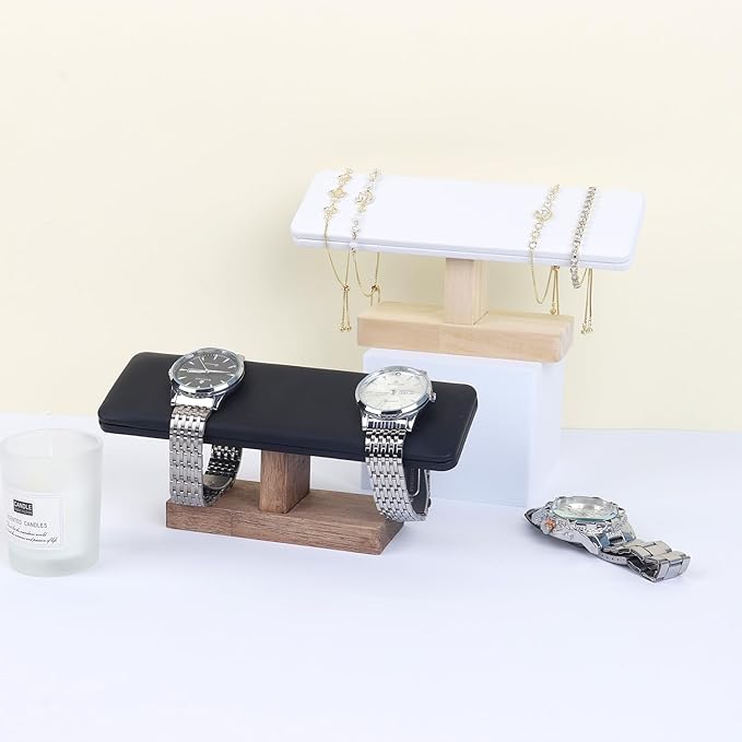 Bracelet Display Tower Jewelry Holder Organizer Rack Wooden Base Watch Display Bangle Scrunchie Headband Headtie Stand Exterior Black PU