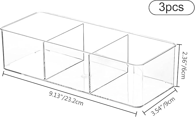 Acrylic Makeup Brush Organizers,3 Pack 3 Section 3 Compartments Transparent Plastic Lipstick Holder Clear 9.13x3.54x2.36 Inches Storage Square Cube for Bathroom Jewelry Accessories