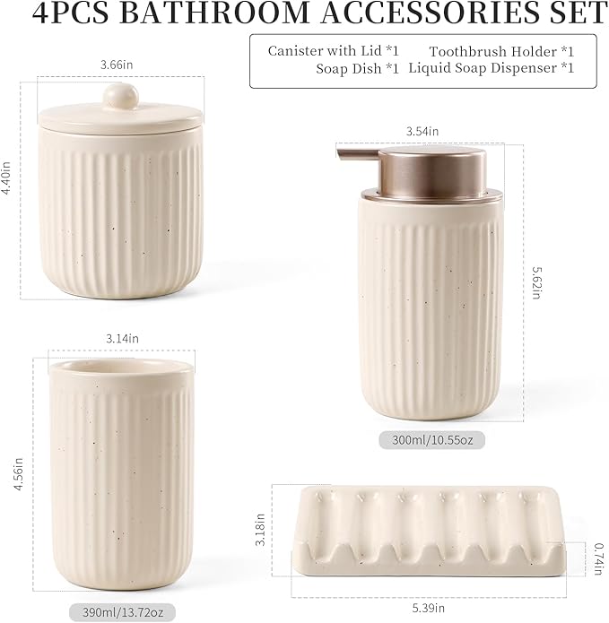 BosilunLife Bathroom Accessories Set - Ceramic Bathroom Set Bathroom Decor Sets Bathroom Counter Lotion Soap Dispenser and Toothbrush Holder Set, Soap Dish, Apothecary Jar (Striped Apricot)