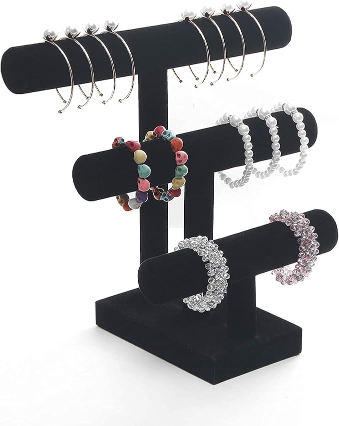 Wuligirl 3 Tier Bracelet Holder T-Bar Jewelry Stand Velvet Jewelry Holder Jewelry Display Bangle Organizer Storage Holder Velvet Black (3T Bar)