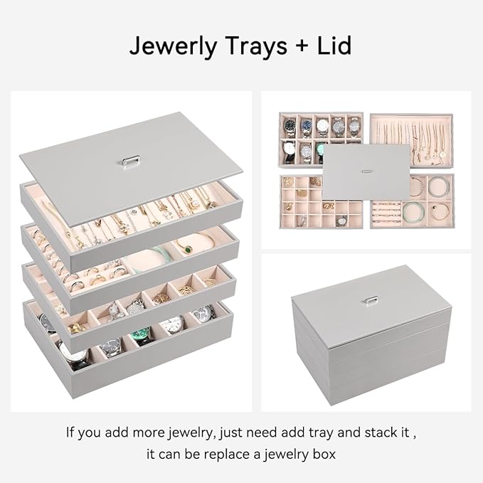 Voova Stackable Jewelry Organizer Tray with Lid, PU Leather Jewelry Storage Holder for Drawer Inserts, Jewellery Display Box Case for Earring Necklace Ring Watch Bracelet (Set of 4, Grey)