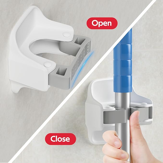 reliahom 10 Pack Broom Holder Wall Mount Mop Grippers No Drilling Self Adhesive Anti-Slip Mop Handle Hanger Dustpan and Broom Organizer Garage Storage Racks-White