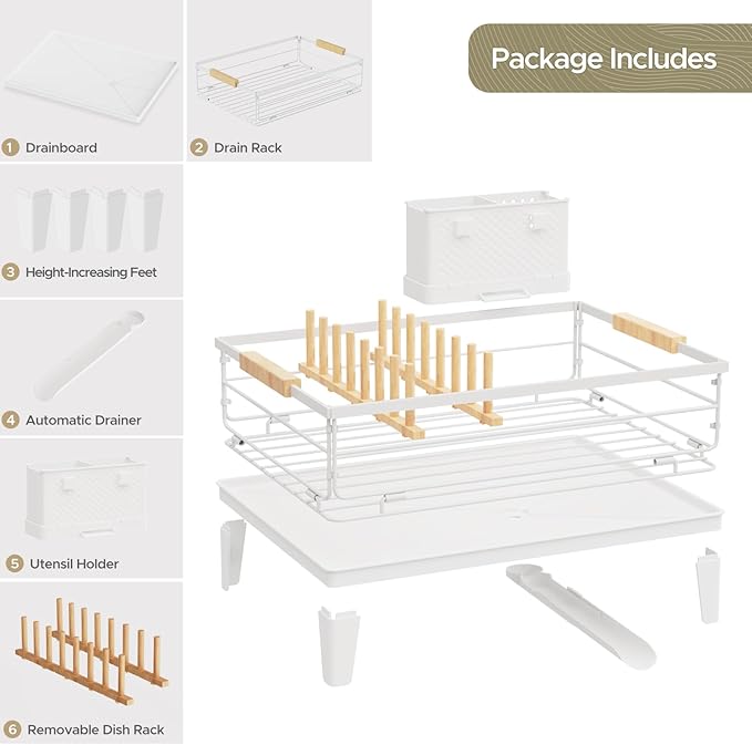 JYPS Dish Drying Rack for Kitchen Counter Decor with Drainboard Auto-Drain，Rustproof Dish Rack Drainers with Utensil Holder, Wooden Handles，360° Rotatable Drainer, Higher Legs (White)