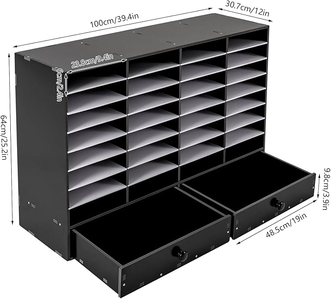 Literature Organizer 32 Slots Office Mailbox Cubbies PVC Desk Mail Sorter Organizer with Adjustable Panels & 2 Drawers for Office, Home, Classroom, Mailrooms, Bearing 110lbs (Black)