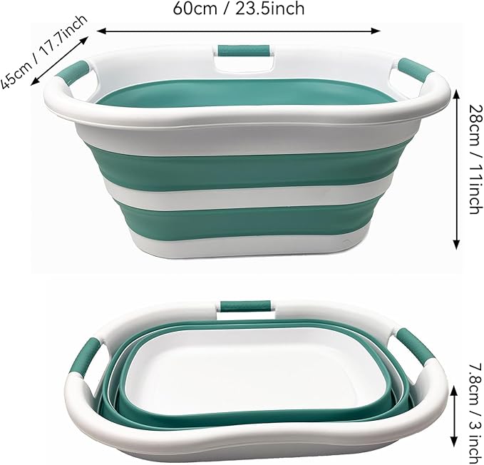 SAMMART 40L (10.5 gallon) Collapsible Plastic Laundry Basket - Space Saving Storage Container/Organizer - Portable Washing Tub - Foldable Pop Up Hamper/Basket (1, White/Celadon Green)