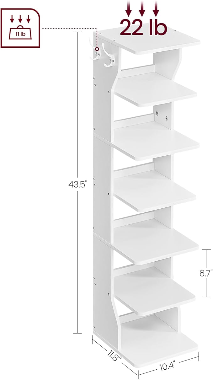 VASAGLE 7-Tier Vertical Shoe Rack, Narrow Shoe Storage Organizer with Hooks, Slim Corner Tower Shelf, Space-Saving for Entryway and Bedroom, White ULBS200T14