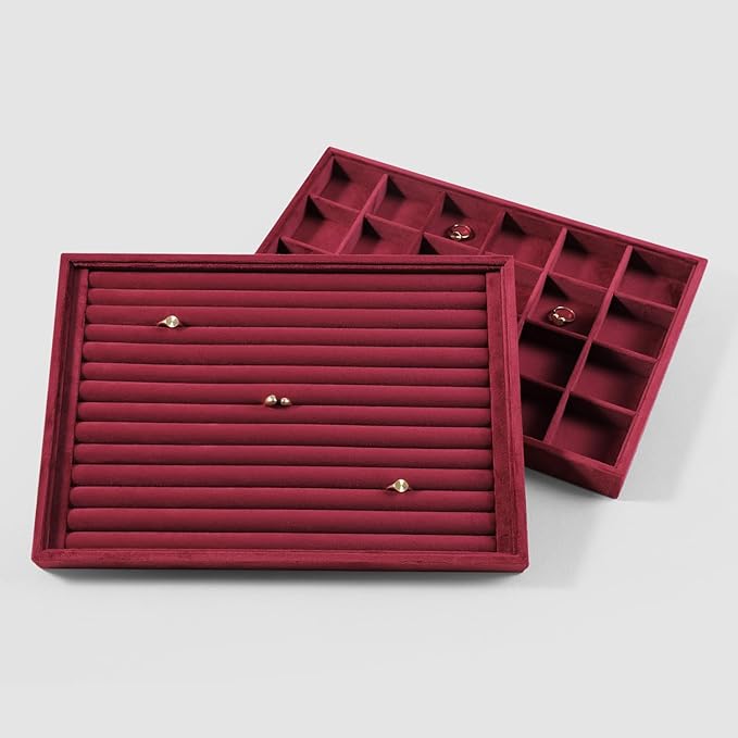 Velvet Ring Display Tray, Stackable Muilt Slot Rings Ear Stud Storage Tray, Drawer Insert Jewelry Accessories Organizers Plate (Red)