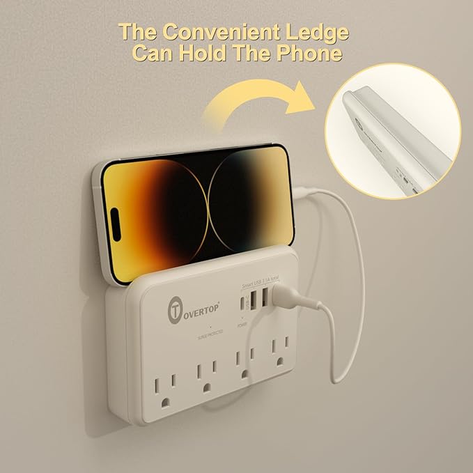 Overtop Wall Outlet Extender Surge Protector with 4 AC Outlets, 4 USB Ports(1 USB C) Multi Plug Expander Charger for Home, Dorm, Classroom, Travel