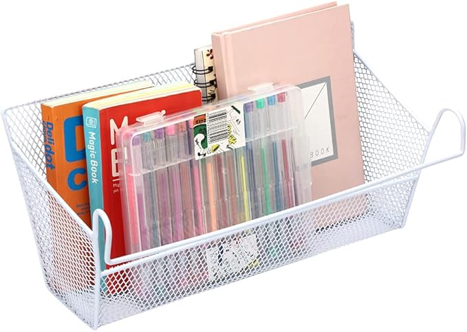 2 pcs Hanging metal mesh bedside storage basket， student dormitory bed storage baskets,used for bedside storage, beverage tissues and office rooms with hooks (white)