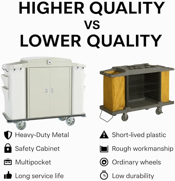 Heavy Duty Metal Housekeeping Janitorial Cart with Wheels,Silent Casters,Locking Large Capacity Cabinets,Cleaning cart for Housekeeping/Commercial Facility/Hotel/Stadium/School