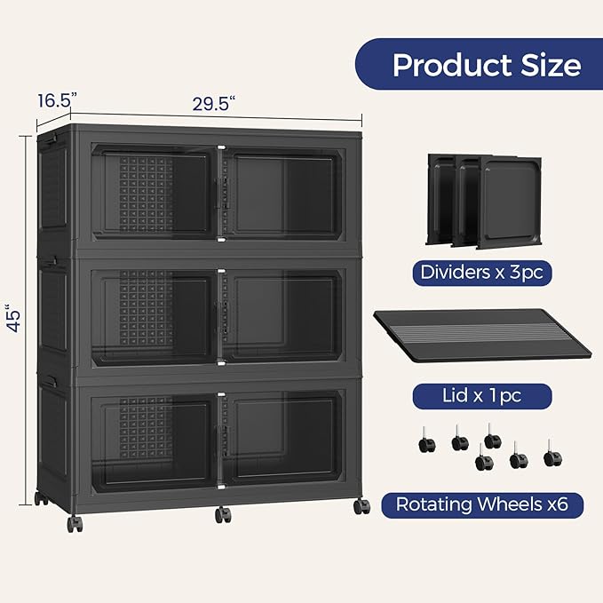 120Gal Stackable Storage Bins with Lid, 480Qt Extra Large Collapsible Storage Box with Wheels, Dividers, Folding Plastic Cabinet Closet Organizers for Home Kitchen Office Dorm, 3Pack Black