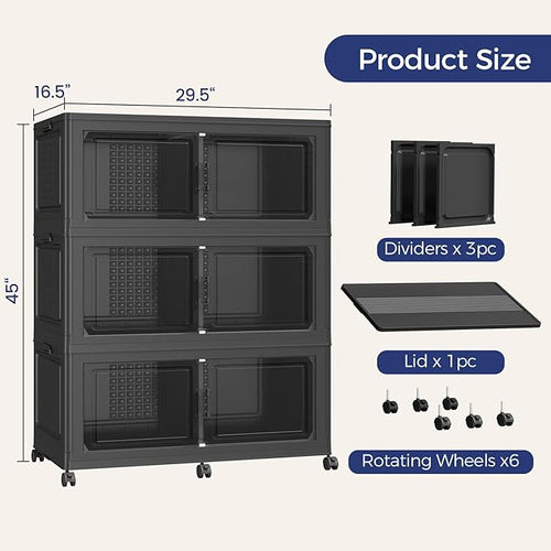 120Gal Stackable Storage Bins with Lid, 480Qt Extra Large Collapsible Storage Box with Wheels, Dividers, Folding Plastic Cabinet Closet Organizers for Home Kitchen Office Dorm, 3Pack Black