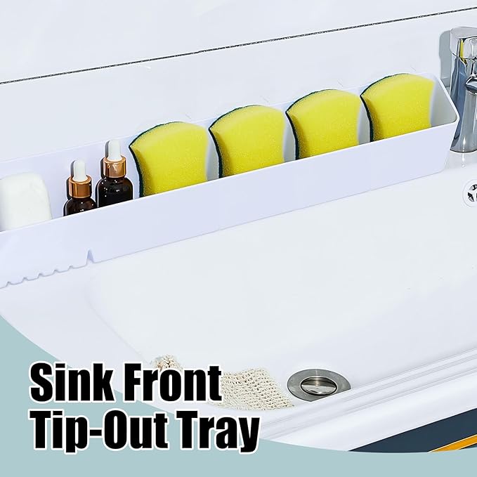 Umigy 2 Pack 24" Tip Out Tray for Sink with 2 Pairs of Hinges Front Sink Drawer Tip Out Tray Kit False Drawer Front Clips Flip Sponge Holder for Kitchen, White