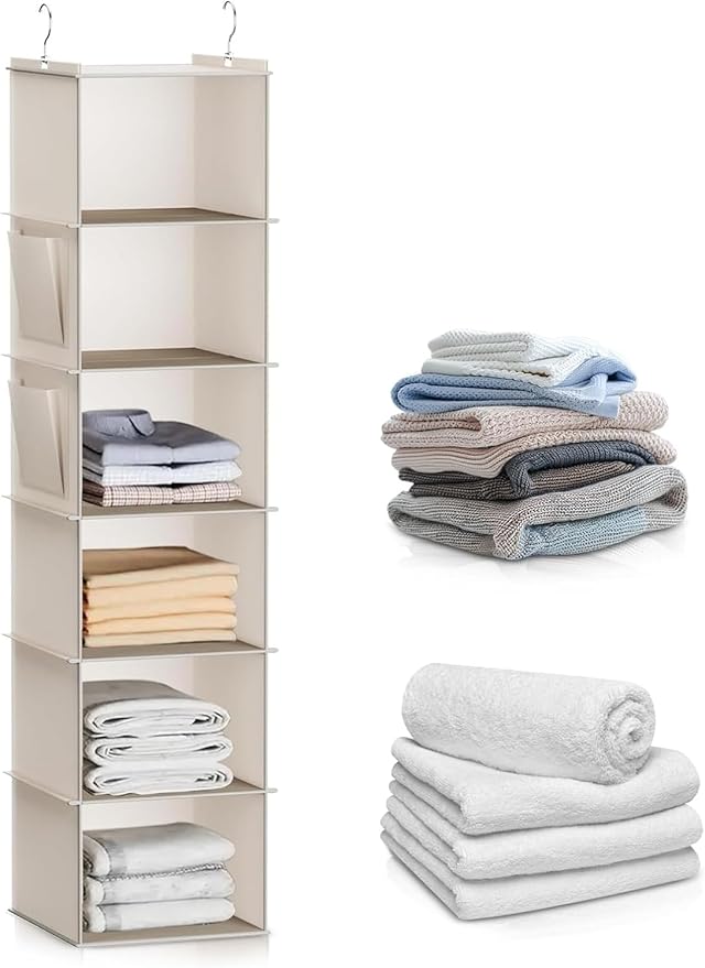 Hanging Closet Organizer 6-Shelf, Beige Storage Solution with Side Pockets for Clothes, Shoes, and Accessories, Closet Organizers and Storage, Send Goods from Local Warehouse