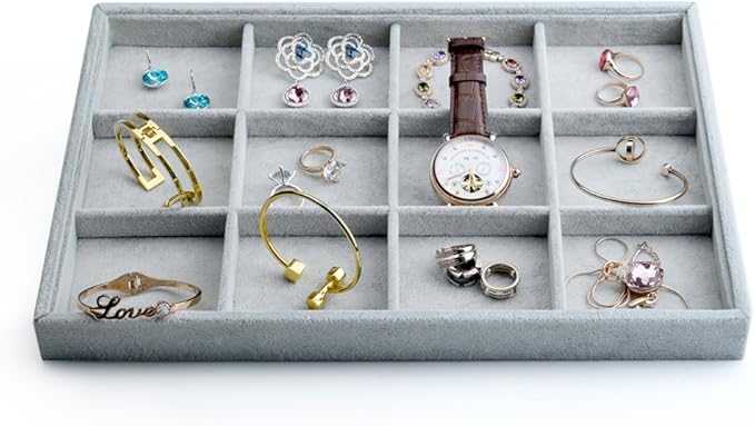Oirlv Velvet Stackable Jewelry Display Trays 12 Grids Rings Earrings Bracelet Organizer Storage Tray(13.8"x1.29"x9.4")