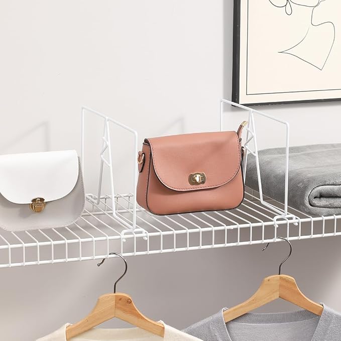 Wire Shelf Dividers - White Closet Organization & Storage Organizer - No Tool Shelf Divider for Wire Shelves - Metal Shelf Accessories – for 12“ Deep Wire Shelves – Tall 7” Height – 4 Pack