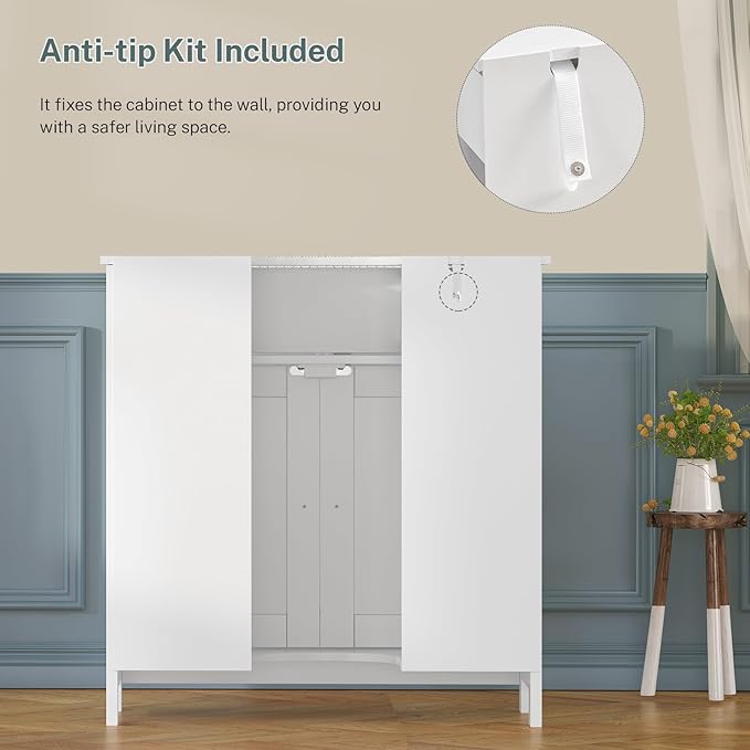 TEENFON Pedestal Sink Storage Cabinet with 2 Doors and Drawer, Bathroom Sink Cabinet, Under Sink Storage with U-Shape Cut-Out, White
