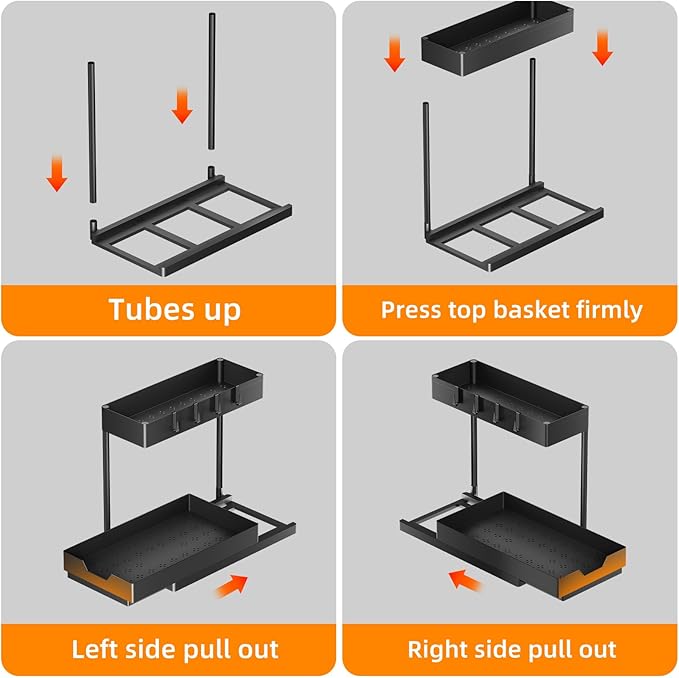 Simple Trending Under Sink Organizer 2 Pack, L-Shaped Sink Pull-Out Sliding Storage Cabinet, 2-Tier Under Shelf Organizer for Kitchen Bathroom with Hooks, Black