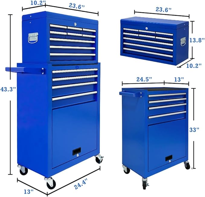 13 Drawer Tool Chest,Toolbox with Wheels, Rolling Tool Cabinets with Drawers, Top Detachable Tool Chest with Hooks Handles for Workshop Mechanical Garage - Blue