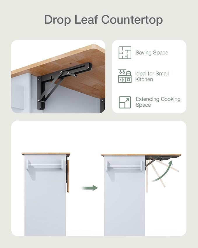 Kitchen Island on Wheels Kitchen Cart with Rubber Wood Top, Mobile Kitchen Island with Double Storage Cabinet and Drawers, Island Table for Kitchen (White)