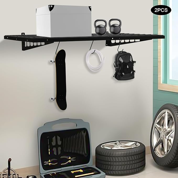Garage Shelving Wall Mounted, 2 Pack Heavy Duty Wall Mounted Storage Shelves 440lbs Capacity, Garage Storage Rack Floating Shelves for Shop, Shed, Storage